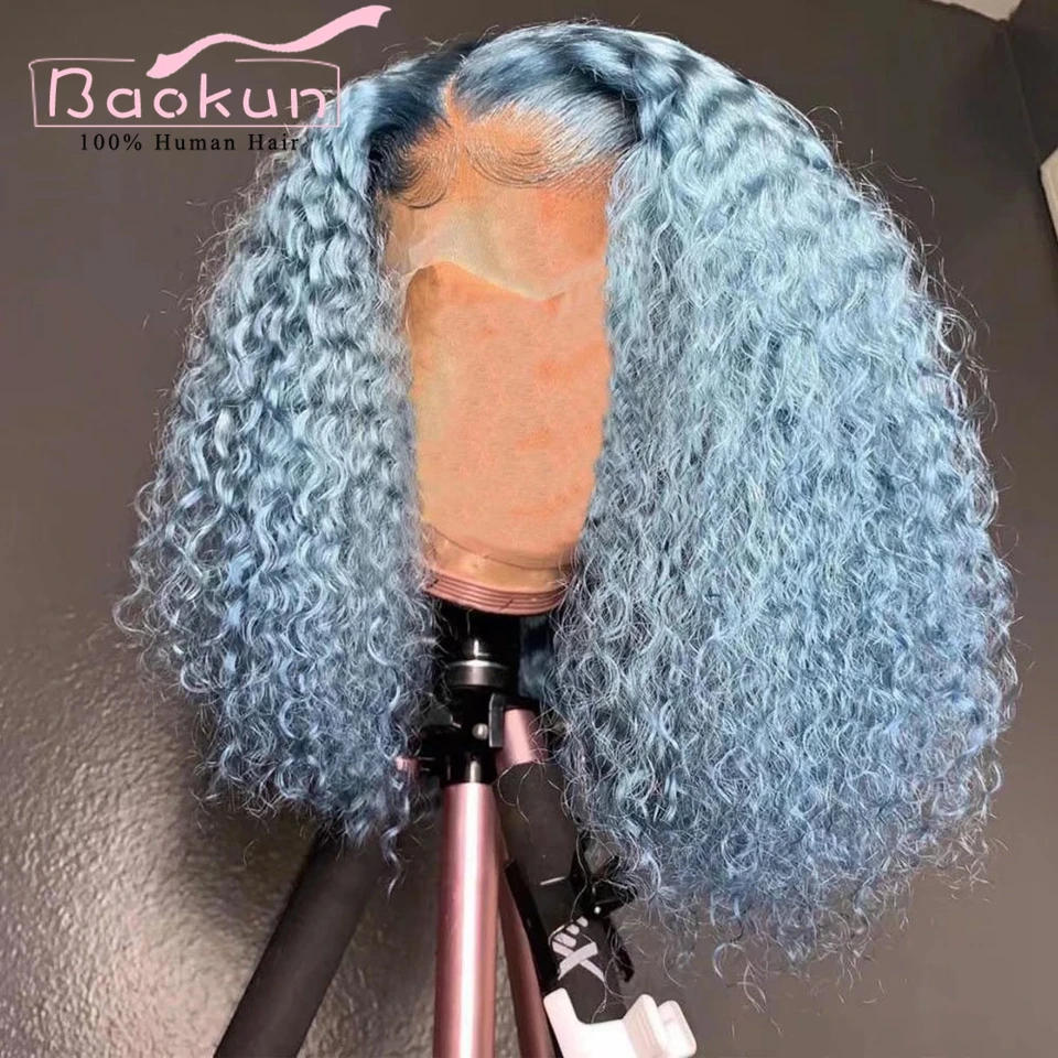 Perruque Lace Front Wig Remy naturelle crépue bouclée, cheveux humains, pre-plucked, bleu bébé, 13x4, 13x6 HD, pour femmes