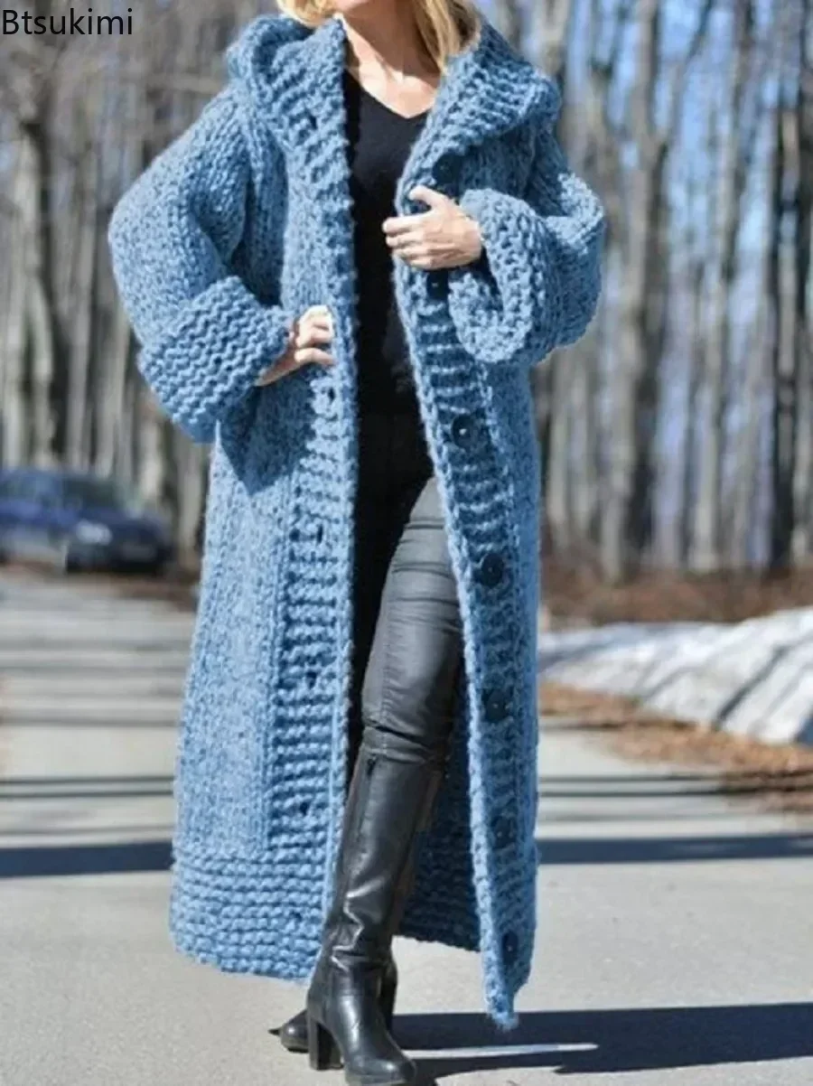 

2024Women's Thick Warm Knitted Cardigan Jackets Autumn Winter Cardigan Sweater Female Hooded Loose Long Coat Plus Size Sweaters