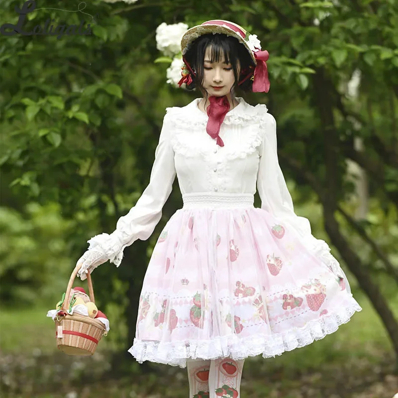 

Sweet Short Pink Skirt Mori Girl Strawberry Printed A line Lolita Skirt