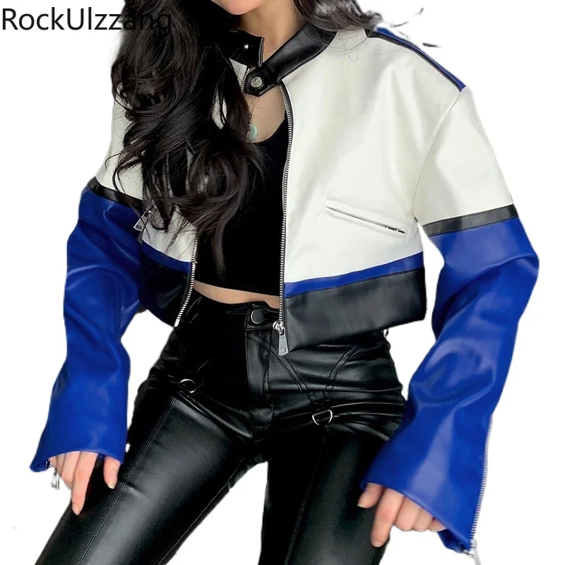 PU Leather Short Jacket Women Crop Top Moto Biker Coats Techwear Outerwear Fall Autumn Spring Windbreaker harajuku y2k clothing