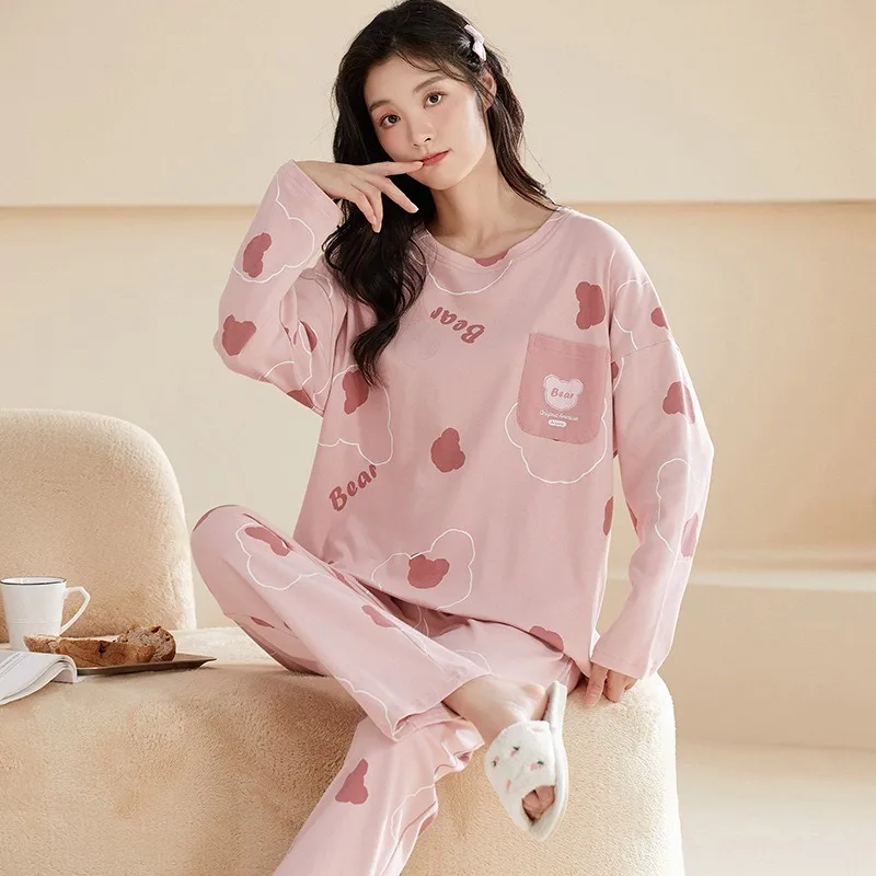 

Plus Size Pyjamas Set Women Cotton Spring-autumn Long-sleeved Loose Loungewear Cute Sleepwear Breathable Nightdress