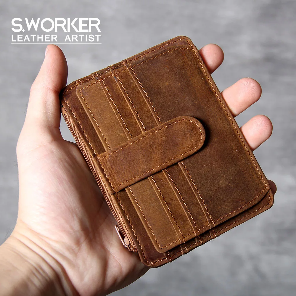 S.WORKER Handgefertigter Vintage-Kartenhalter aus echtem Leder, Vollnarbiges Rindsleder, Kleine Münztasche, Tragbare Tasche – Detail 2