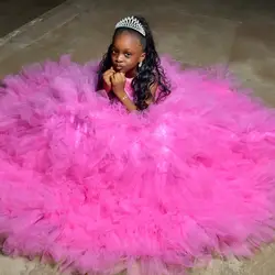 Pink Tulle Flower Girl Dresses Princess Beading Ruffles Baby Girls First Birthday Party Pageant Dress For Wedding