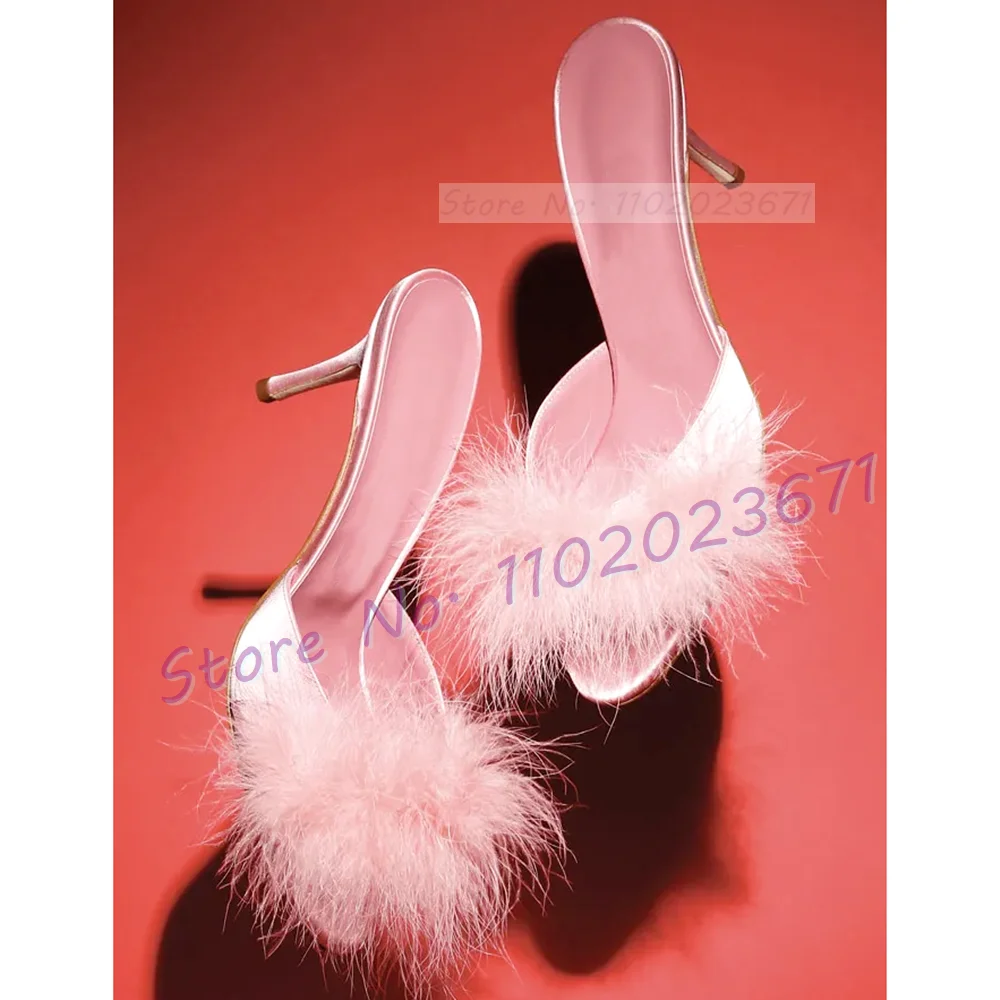 Open Toe Pink Satin Slippers With Feather Woman Elegant Stiletto High Heels Hairy Shoes Ladies Summer Large Size Lovely Slippers