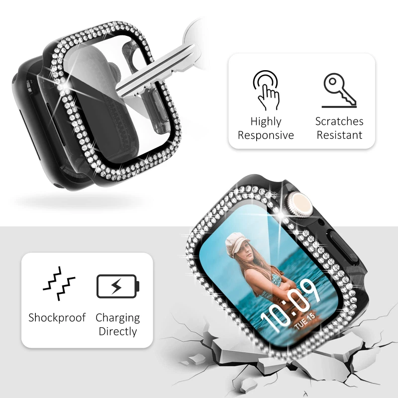 Diamond Cover For Apple watch Case 45mm 41mm 38mm 42mm 44mm 40mm Tempered Glass+Bumper Screen Protector series 9 8 7 6 5 4 3 SE view 5