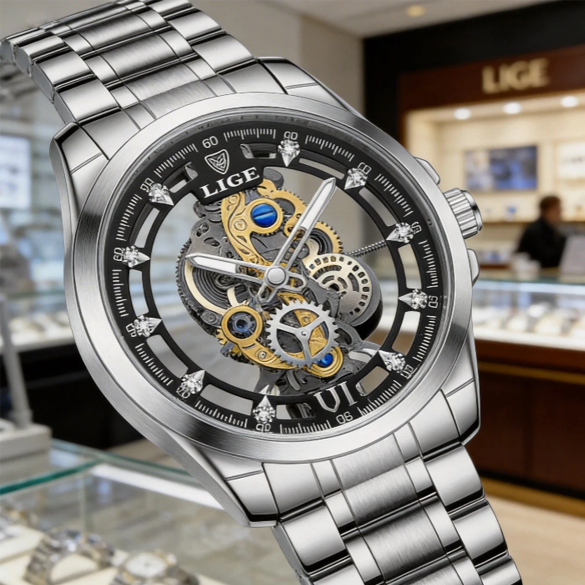 

Мужские часы LIGE: Золотые винтажные кварцевые часы-скелетоны с автоматическим механизмом, люксовые часы для мужчин от ведущего бренда