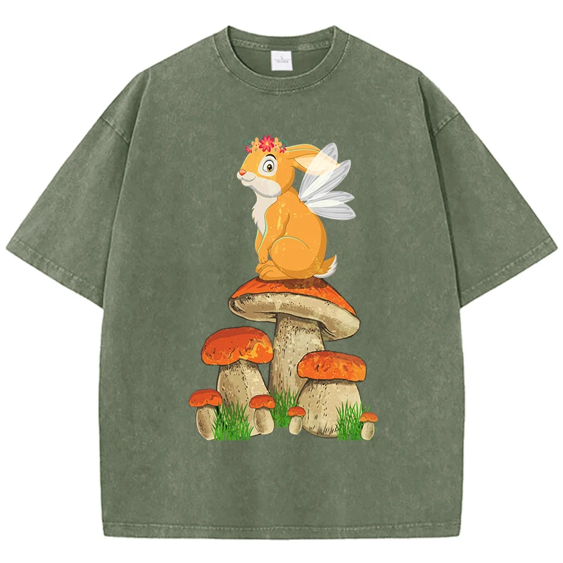 Cottagecore Ästhetische Pilz Frosch Druck Gewaschen T Shirt Frau Crewneck Y2K Kurzarm Sommer T-Shirt Baumwolle Streetwear