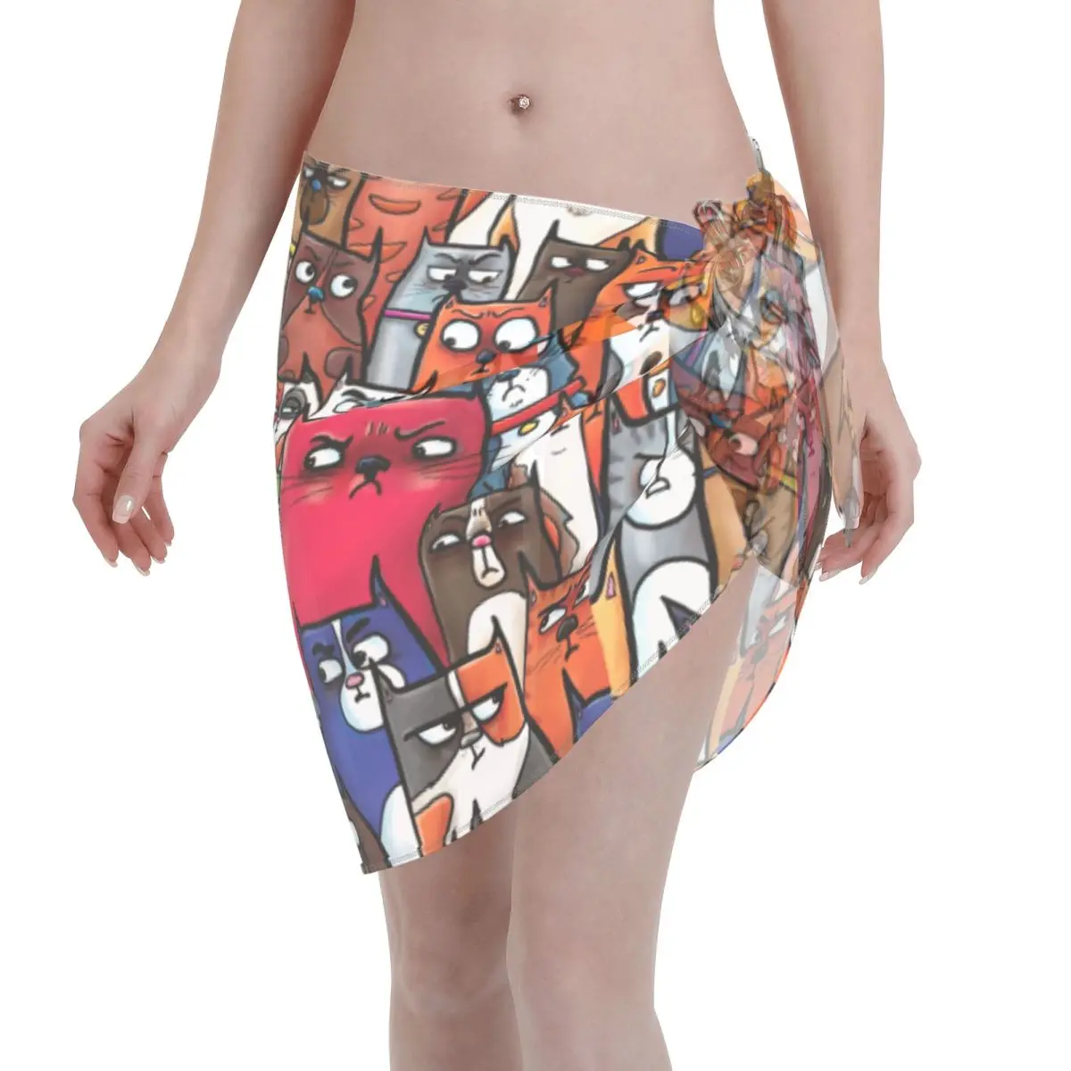 Custom น่าสงสัย Kitties แมวรูปแบบชุดว่ายน้ํา Coverups พิมพ์สั้น Sarongs ชุดว่ายน้ํา Sheer Coverups Sarong Coverups Beach Wrap