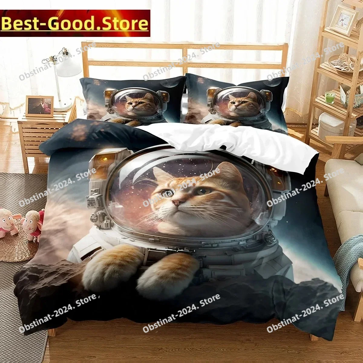 

Space Cat King Queen Duvet Cover Cute Astronaut Kitty Bedding Set Universe Pet Animal Dog Quilt Cover Polyester Comforter Cover