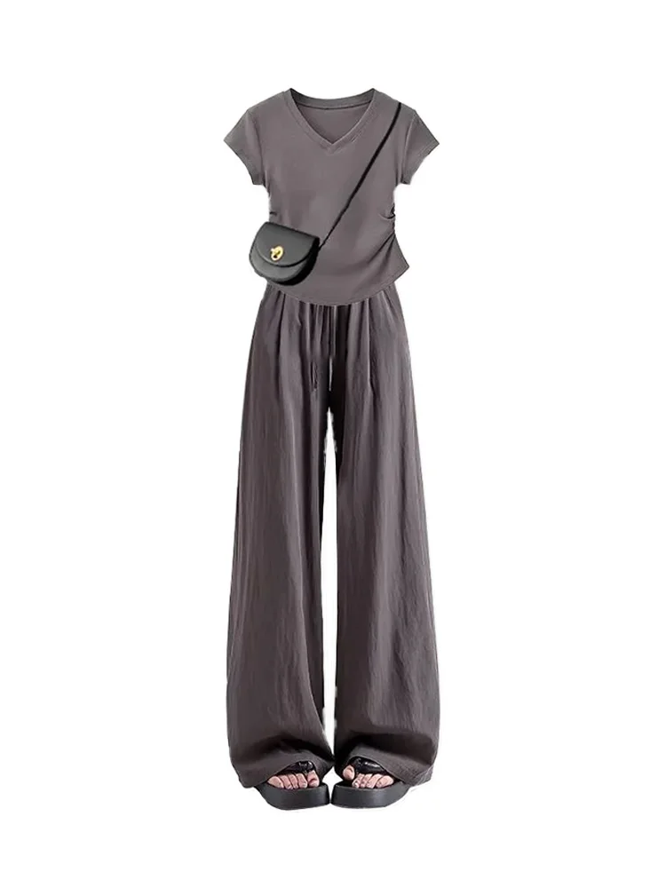 Faionable Commute Ready Damen-Sommer-Outfit Ort Sve V-Ne, plissiertes Taillen-Design, hohe Taille, Freizeithosen-Set