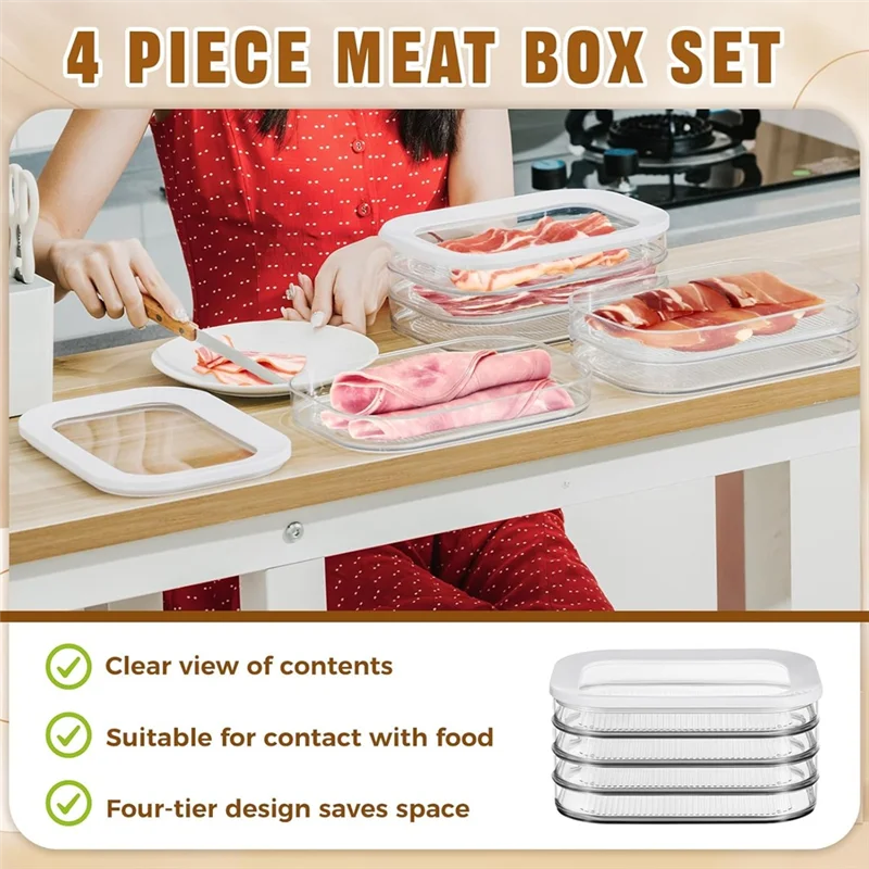 B59B-For Fridge Storage Container For Meat- 4-Layer& 2-Layer Stackable Lunch Design With Lid For Cold Cuts