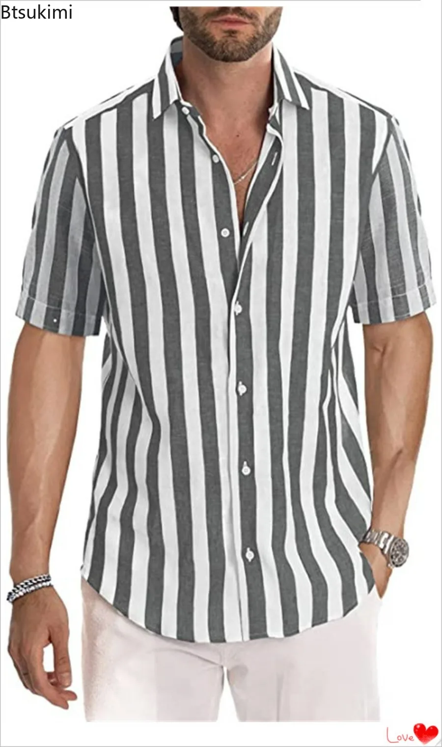 New Men's Summer Striped Short Sleeve Shirts Tops Breathable Casual Beach Blouse Laple Button-up Loose Versatile Shirt for Men