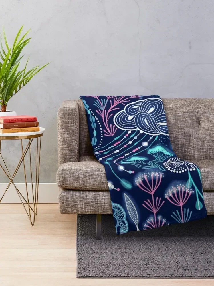 Bioluminescence jellyfish, mushrooms, mercat and corals Throw Blanket