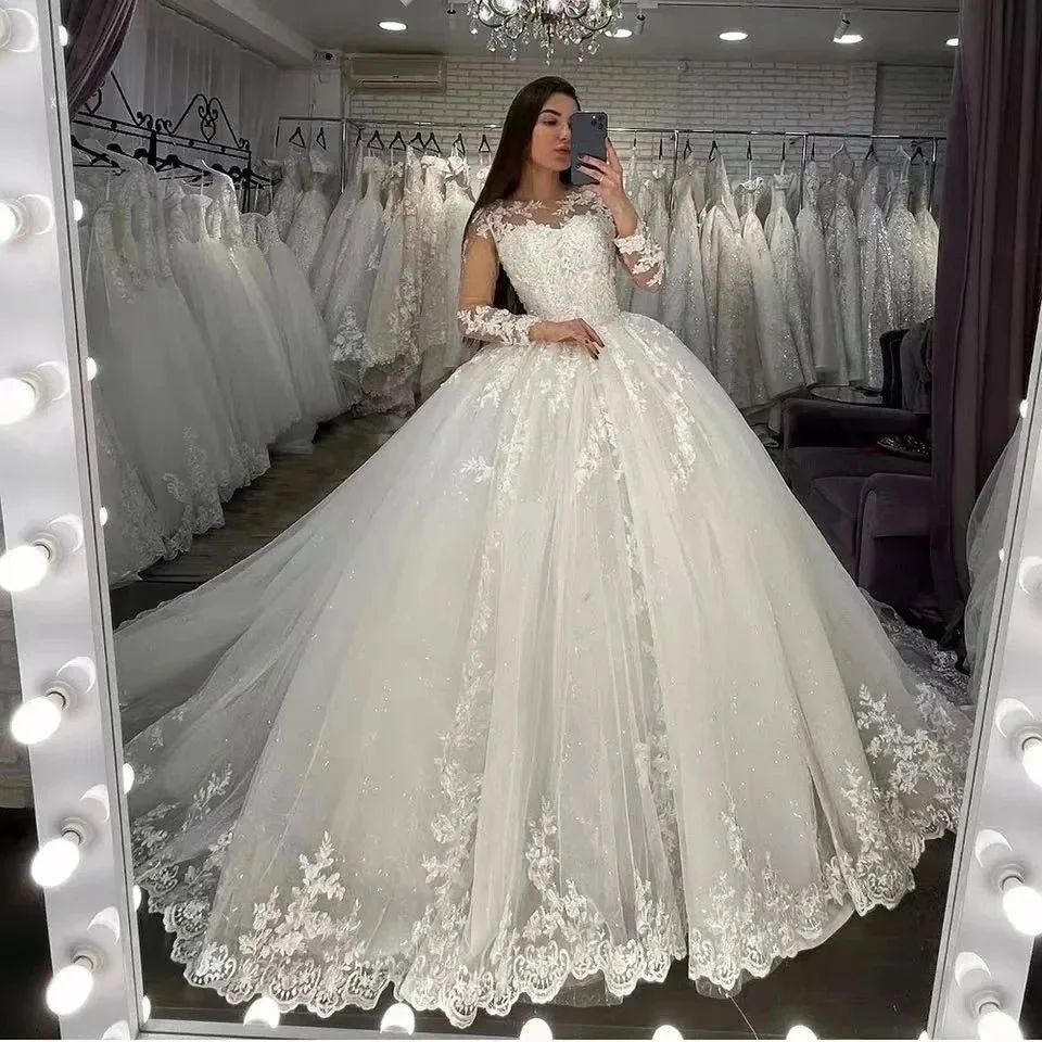 فساتين زفاف مخصصة بأكمام طويلة 2025 الأميرة الديكور الدانتيل زينة الكرة ثوب زي العرائس Vestido De Noiva