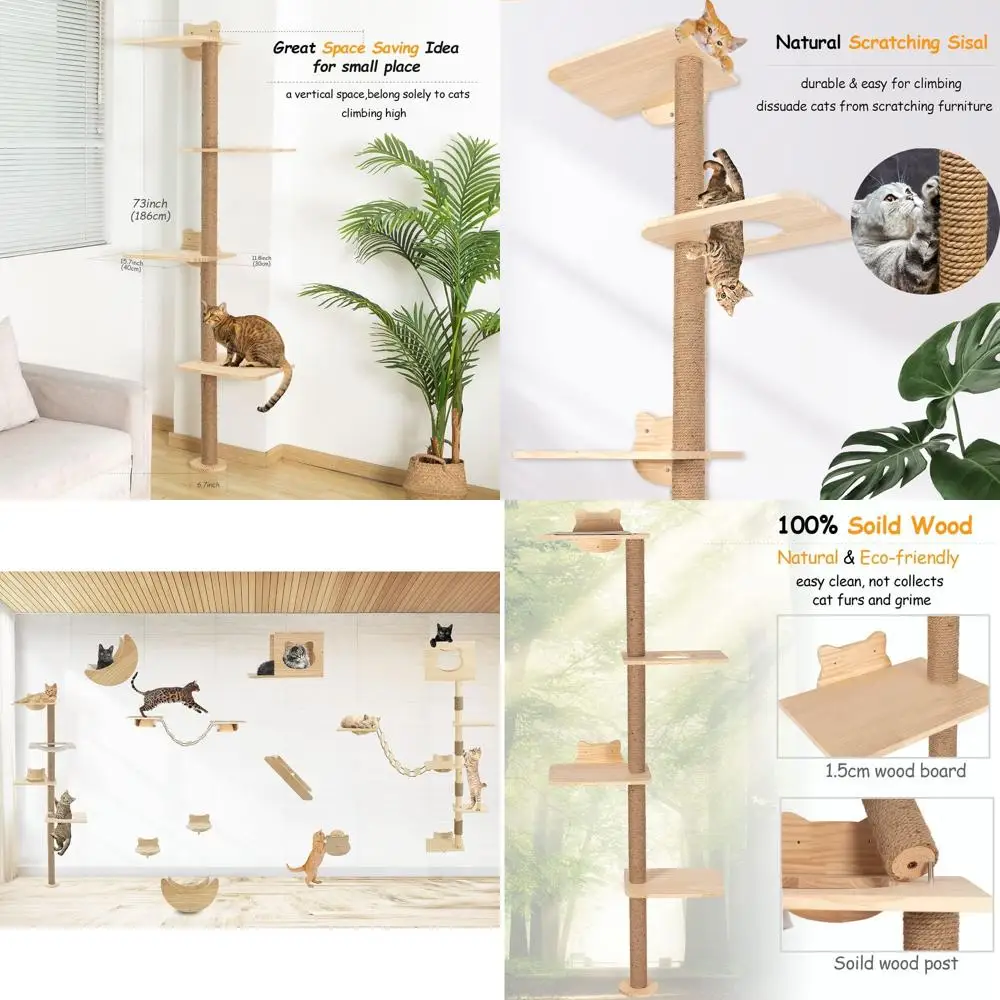 

73 дюйма. Настенное дерево для кошек с лежанкой и стойкой для когтей для игр и активного отдыха