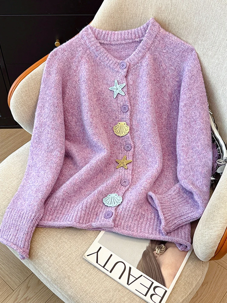 

Ladies Purple Knitted Open Cardigan Sweater Autumn Winter New Sle Button up Trendy Top High End Feel Commute Sle Loose Fit
