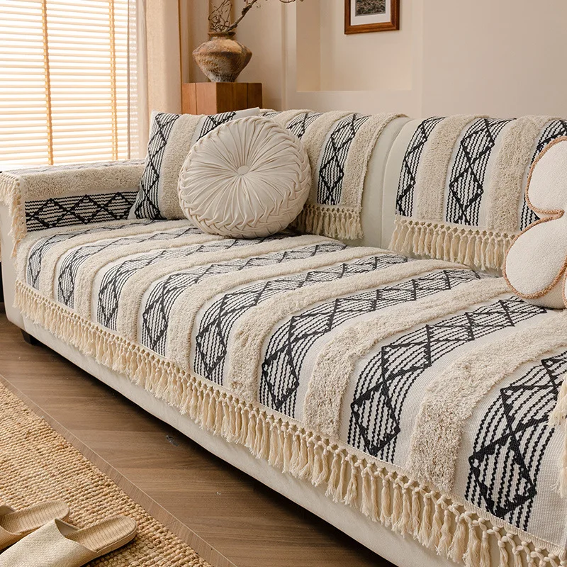 Cotton Linen Sofa Cover All-season Universal Couch Cloth Simple Geometric Fringed Sofa Cover Home Decor Armchairs Seat Cover