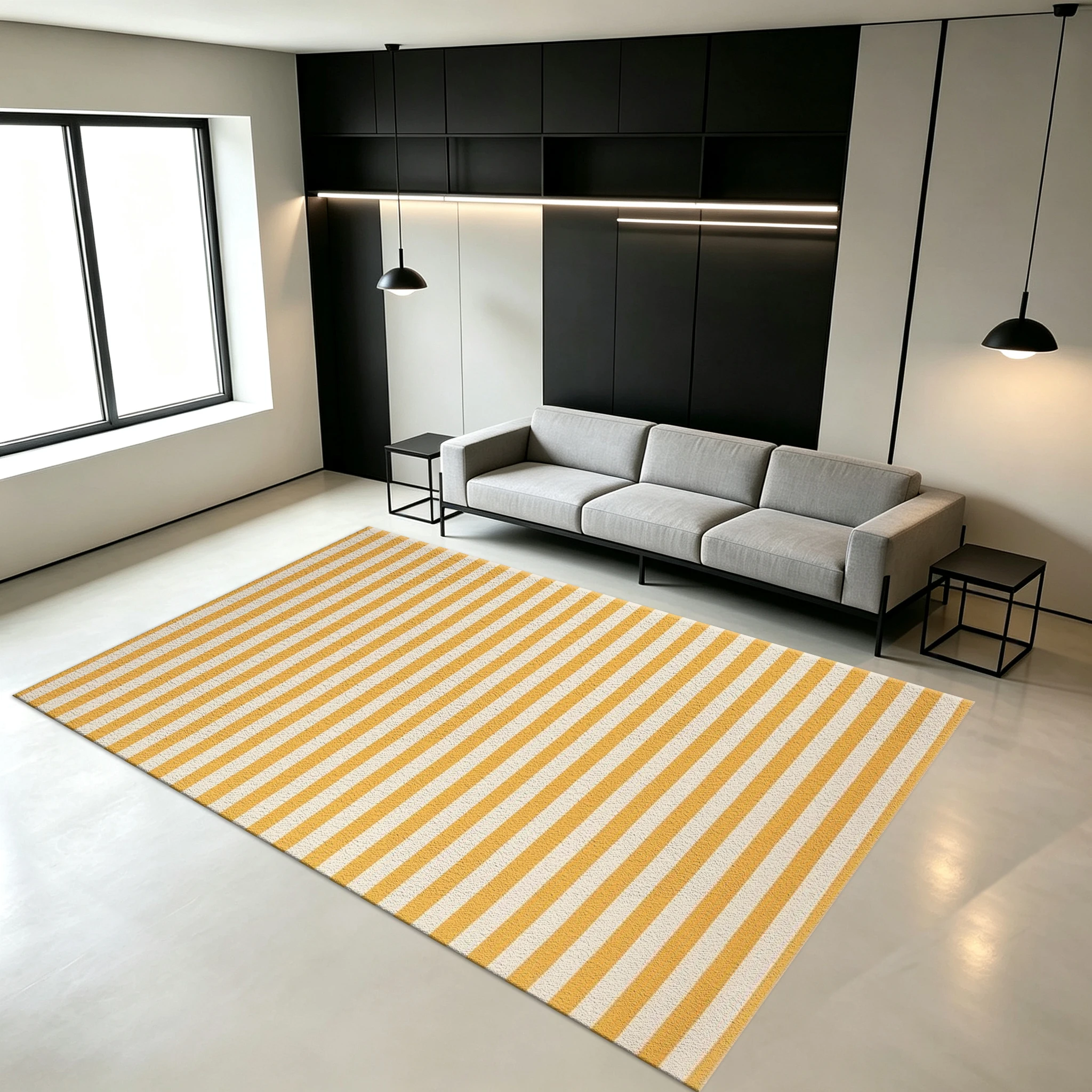Yellow and White Vertical Striped Carpet, Square Modern Minimalist Carpet, Suitable for Home Interior Decoration