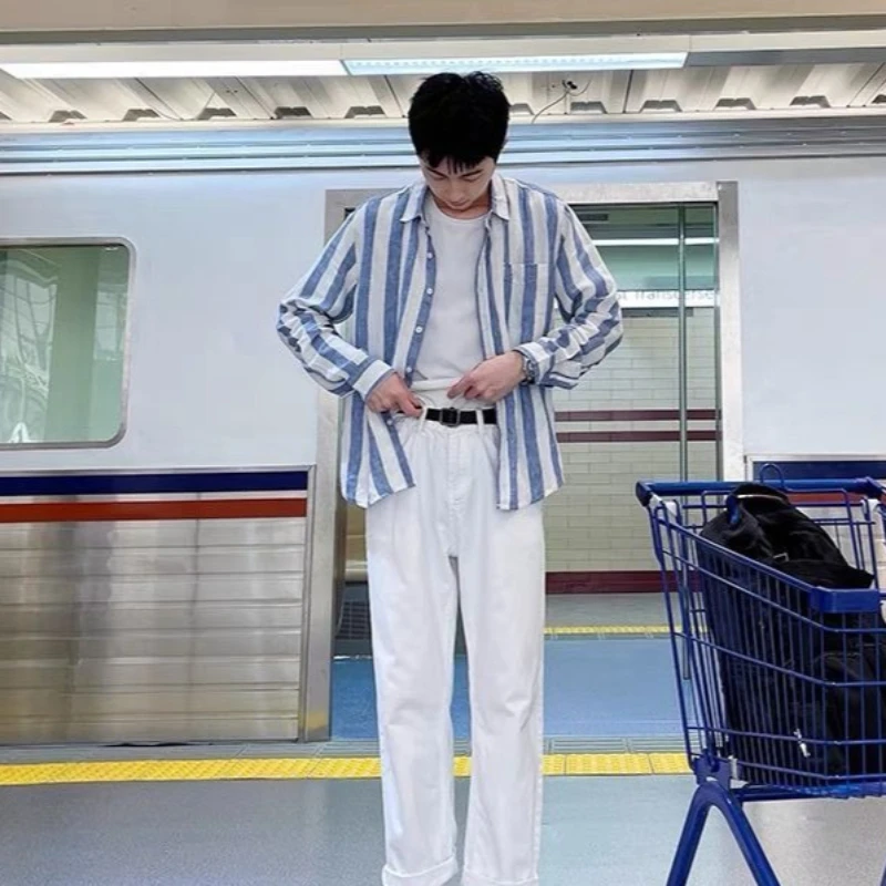 Korean Trendy Casual Thin Men Long Sleeve Shirt Youth Loose Fit Versatile Hong Kong Style Striped Shirt Light Jacket