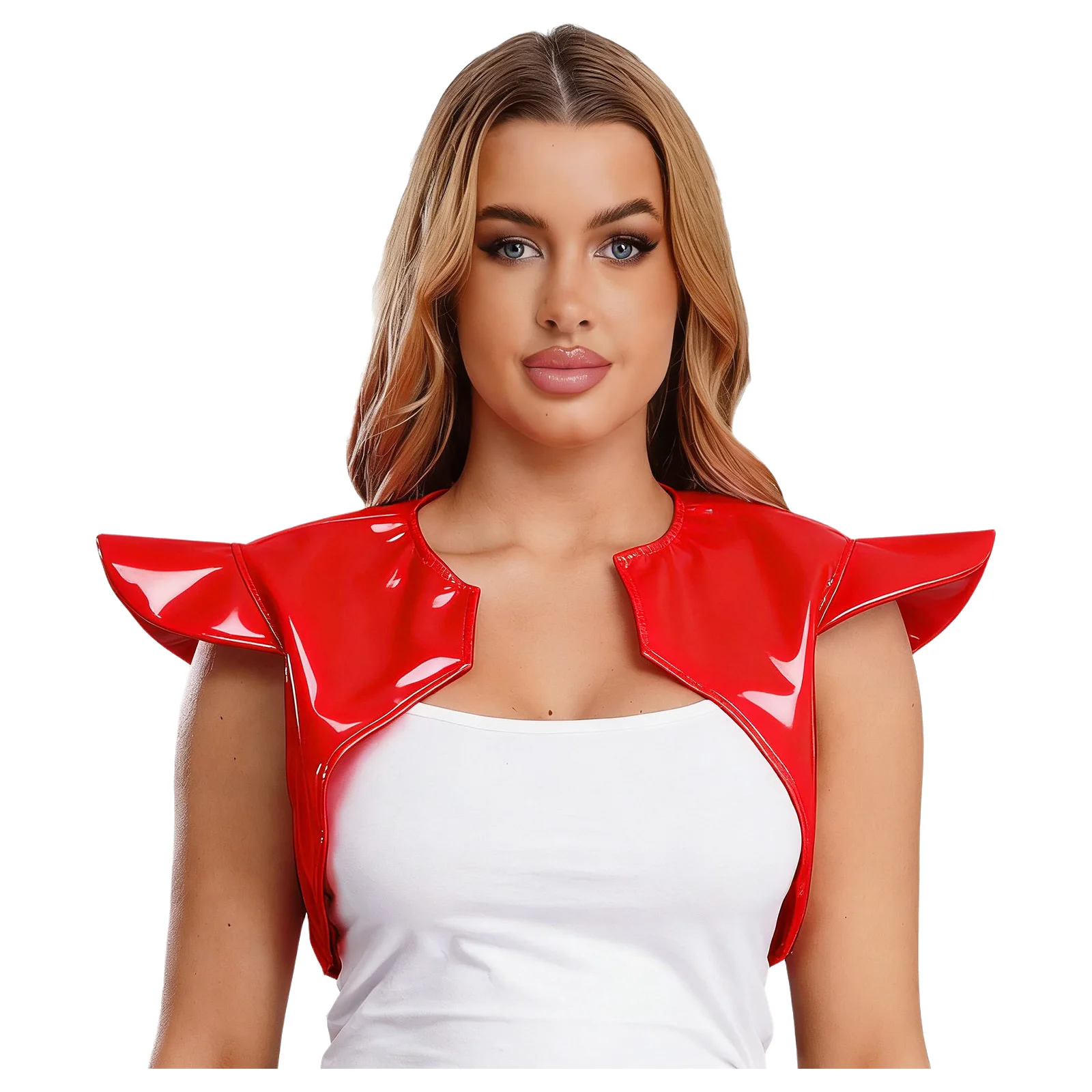 

Женский стильный лакированный кожаный топ с короткими рукавами и плечами, доспехи на плечо воина, жилеты для косплея на Хэллоуин, аксессуары для певицы и танцев