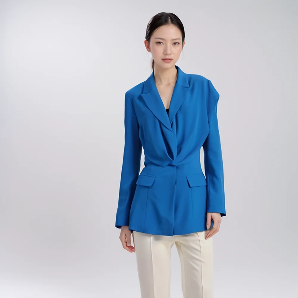 VGH Patchwork Folds Tunic Solid Blazer For Women Notched Collar Long Sleeve Spliced Button Minimalist Slim Blazers Female New