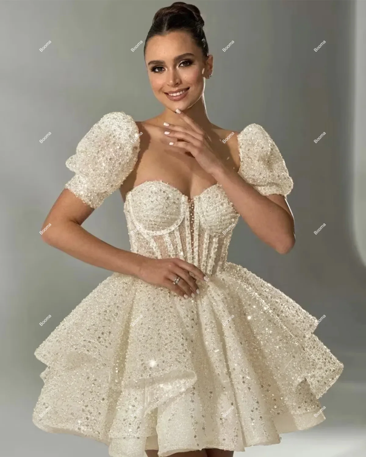 Booma-A Linha Branco Brilhante Mini Vestidos de Casamento com mangas destacáveis, Vestidos De Noiva, Espartilho Osso, Vestidos de Festa Noiva,