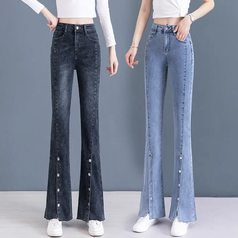 Stretch Women Flare Jeans Streetwear Vintage Button Split High Waist Denim Trousers Oversized Straight Pant Korean Pantalones