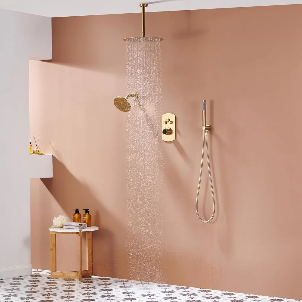 

12 Inch Ceiling Mounted Shower System in Brushed Gold, 3-Functions Shower Faucet Set with Rainfall Dual Shower Head and High