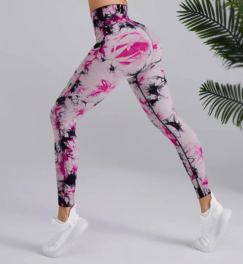 Legging ikat celup pinggang tinggi wanita, celana Leggins untuk latihan Yoga, celana lari, celana olahraga Gym, celana ketat tanpa kelim untuk wanita