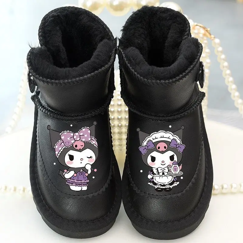 Kuromi Anime Kawaii Sanrio botas de nieve de cuero para niñas lindas niños impermeables cálidos zapatos gruesos de algodón regalos Juguetes