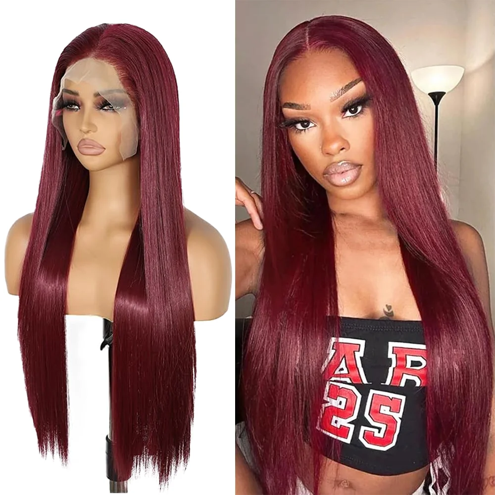 

13×4 HD Lace Front Wig 99J 26" Long Straight Pre Plucked Natural Hairline Glueless Heat Resistant Wig For Women Daily Party Use