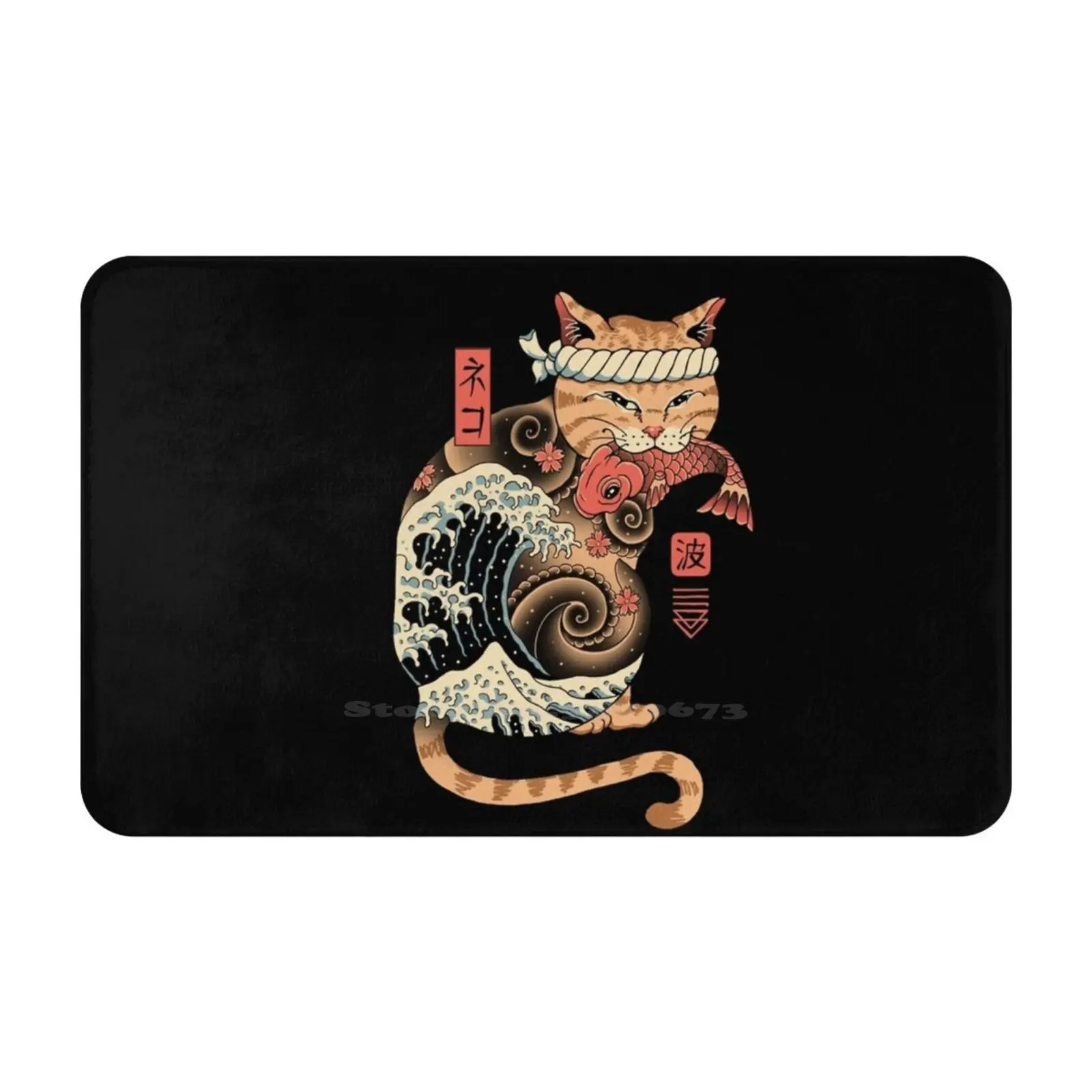 Catana Wave Soft Cushion Car Home Carpet Door Mat Cats Catana The Great Wave Hokusai Animals Felines Aesthetics Tattoo Japanese