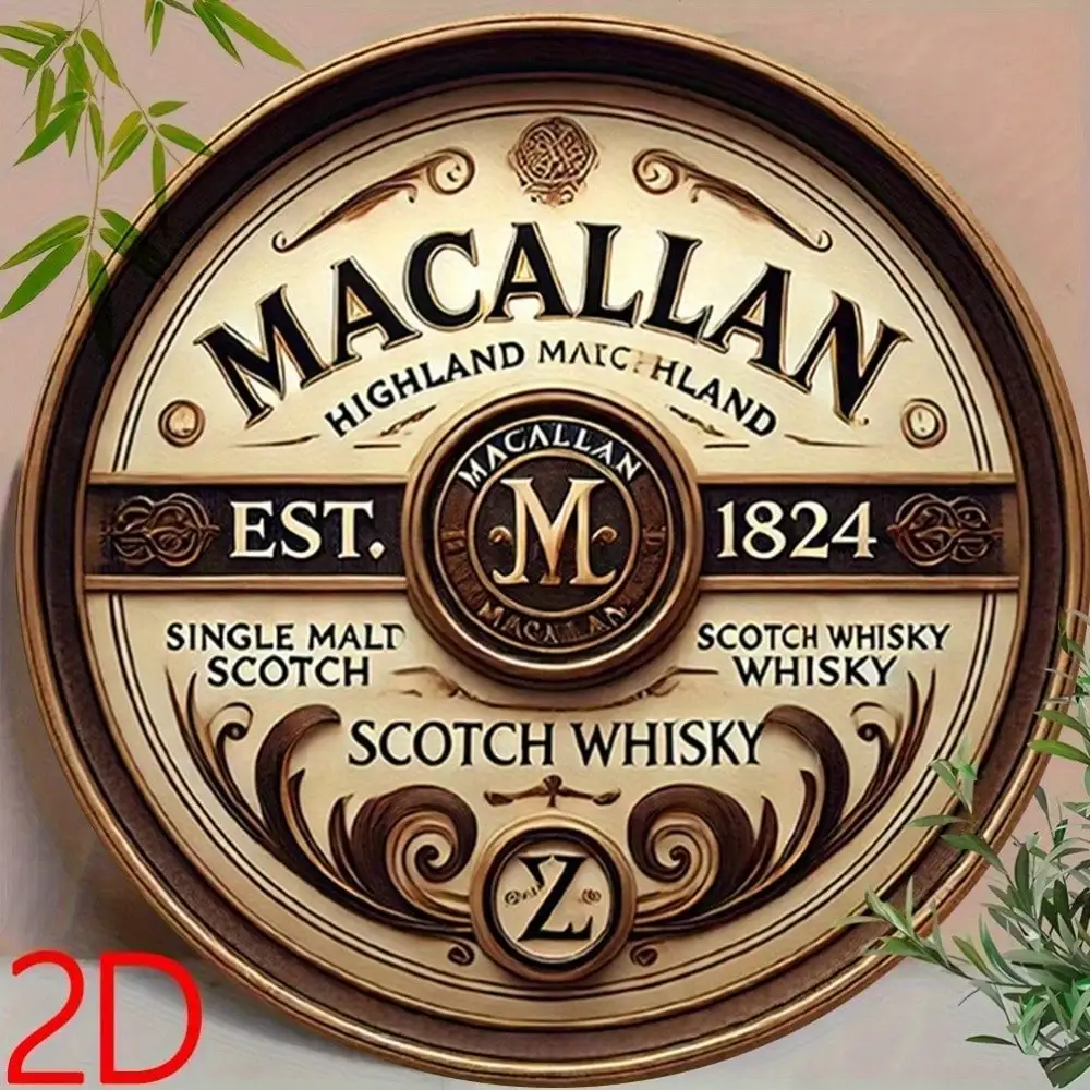 2026 Wooden Vintage Round Macallan Sign, Rustic Highland Single Malt Scotch Whisky 2D Flat Print Wall Art, Retro Bar Pub Deco