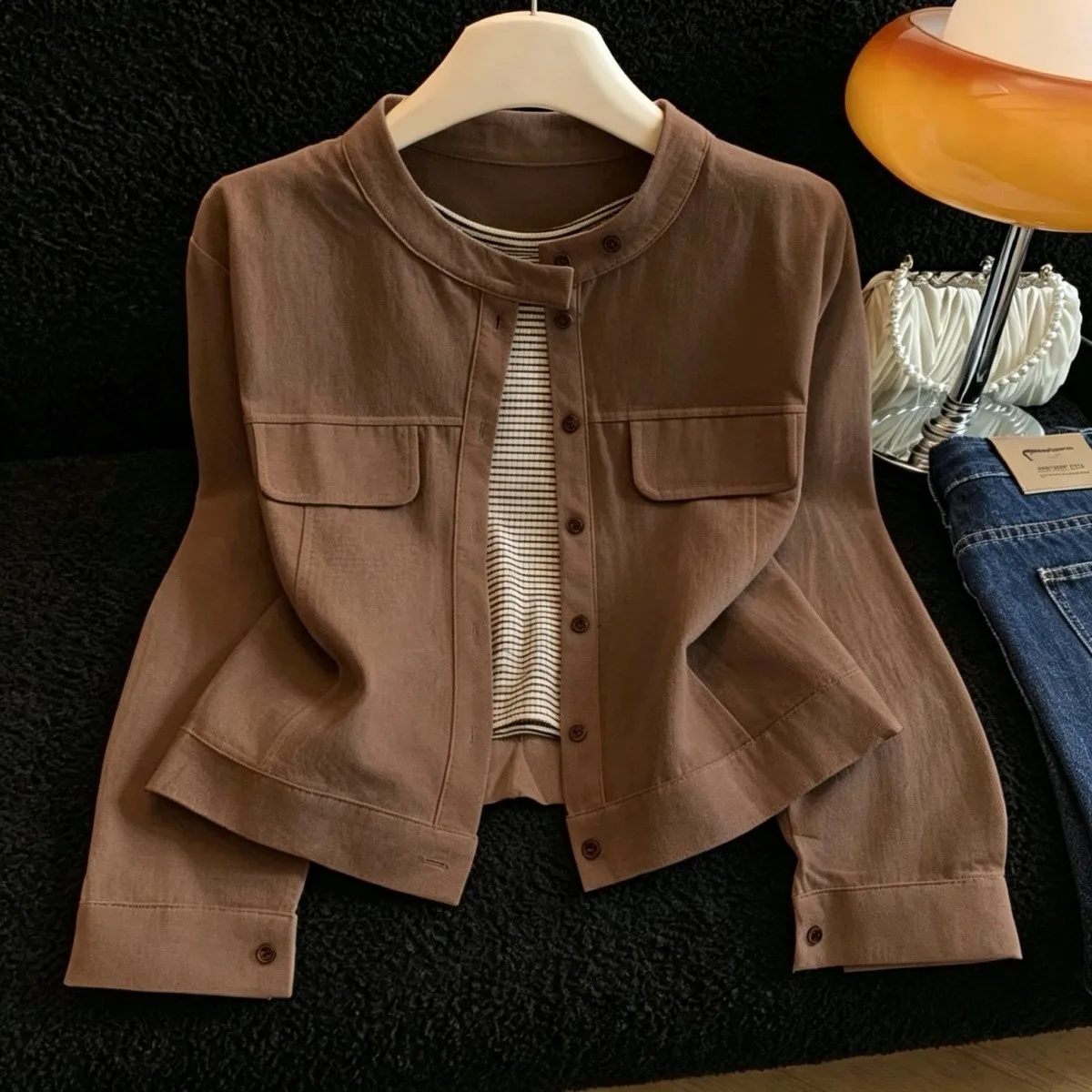 Casual Versatile Long Sleeve Short Coat Women's Autumn Winter Small Size Workwear Style round Neck Jacket Top Polyester Fabric