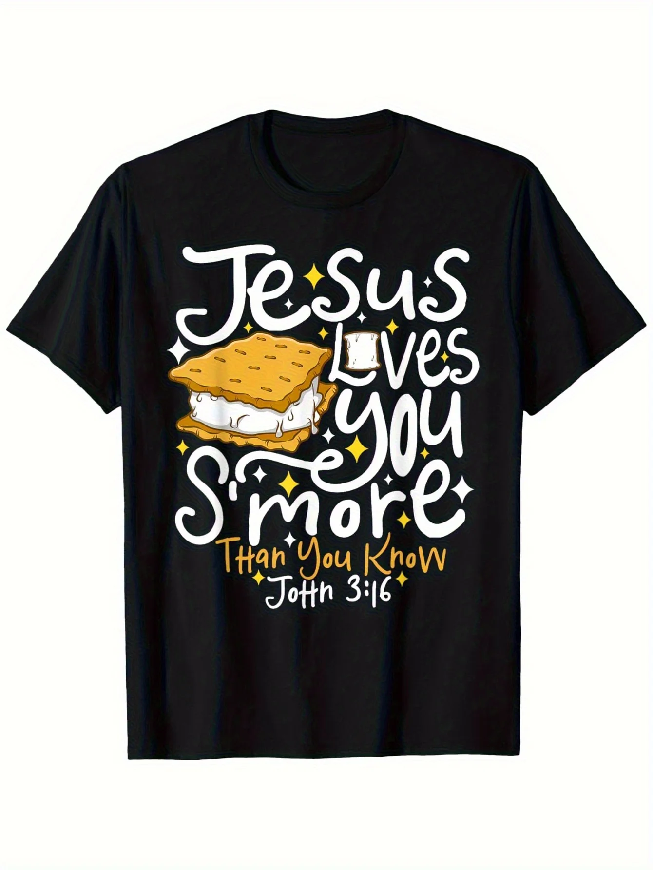 تي شيرت رجالي بنمط ريترو ستايل يسوع يحبك أكثر - تي شيرت أسود كاجوال برقبة دائرية، يتميز بالمارشميلو #1