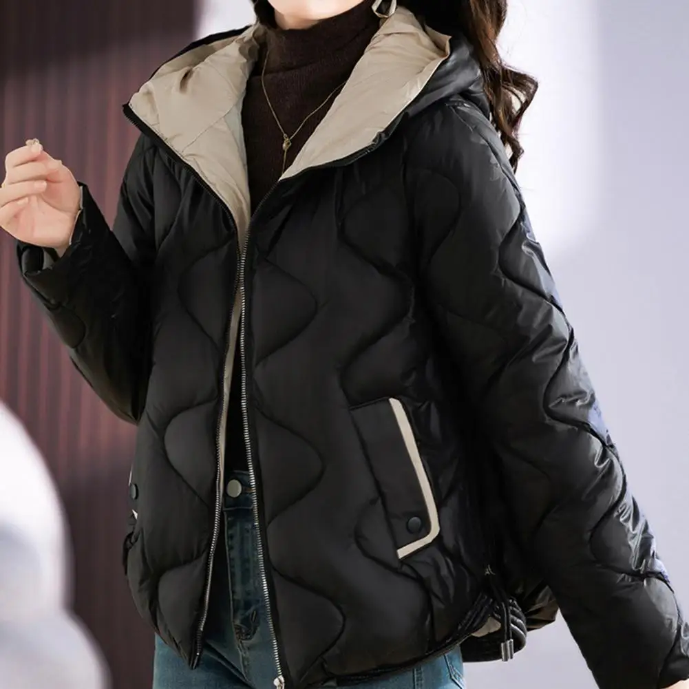 Winter Lady Down Coat Solid Color Long Sleeves Hooded Padded Coat Thicken Neck Zip up Outdoor Cotton Coat With Pocket