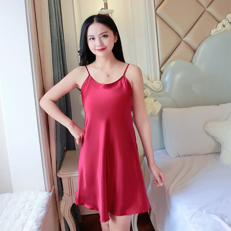 Sexy Korean Style Solid Color Ice Silk Sleep Dress Women Summer Thin Strap Nightwear Silk Like Loungewear
