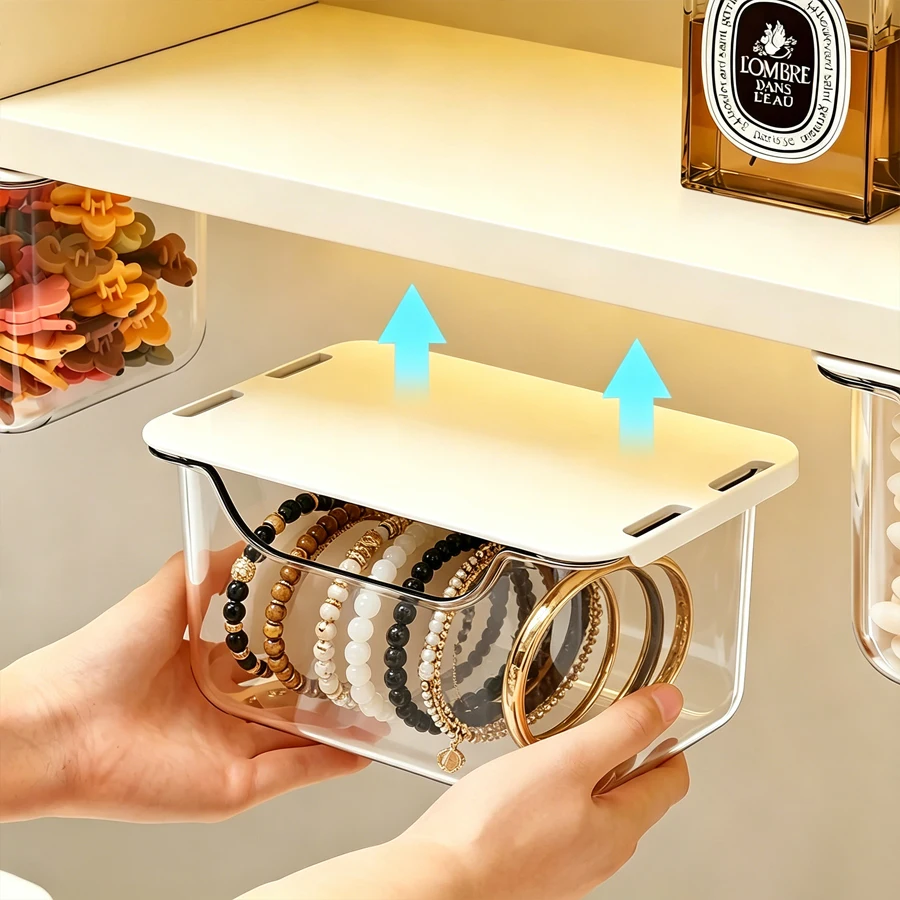 Transparent Hanging Jewelry Storage Box, Wall-Mounted Mirror Cabinet with Pull-Out Jewelry Organizer, Bathroom Wall-Mounted Lips