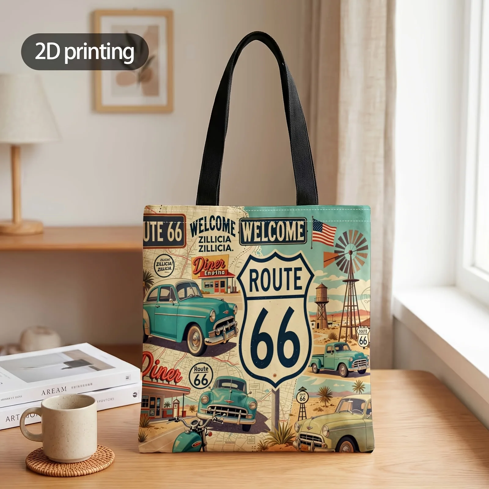 2D Printed Handbag with Route 66 Adventure Awaits Pattern,Reusable Fashion Shoulder Bag Shopping Tote Bag Suitable for Shopping