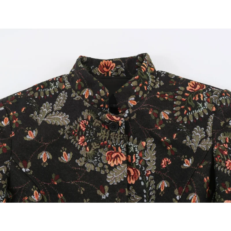 2026 Neue Vintage-Blumenjacquard-Jacke für Damen mit Stehkragen, langen Ärmeln, unregelmäßigem, abgerundetem Saum und Knopfverschluss, kurzer Mantel. – Detail 9