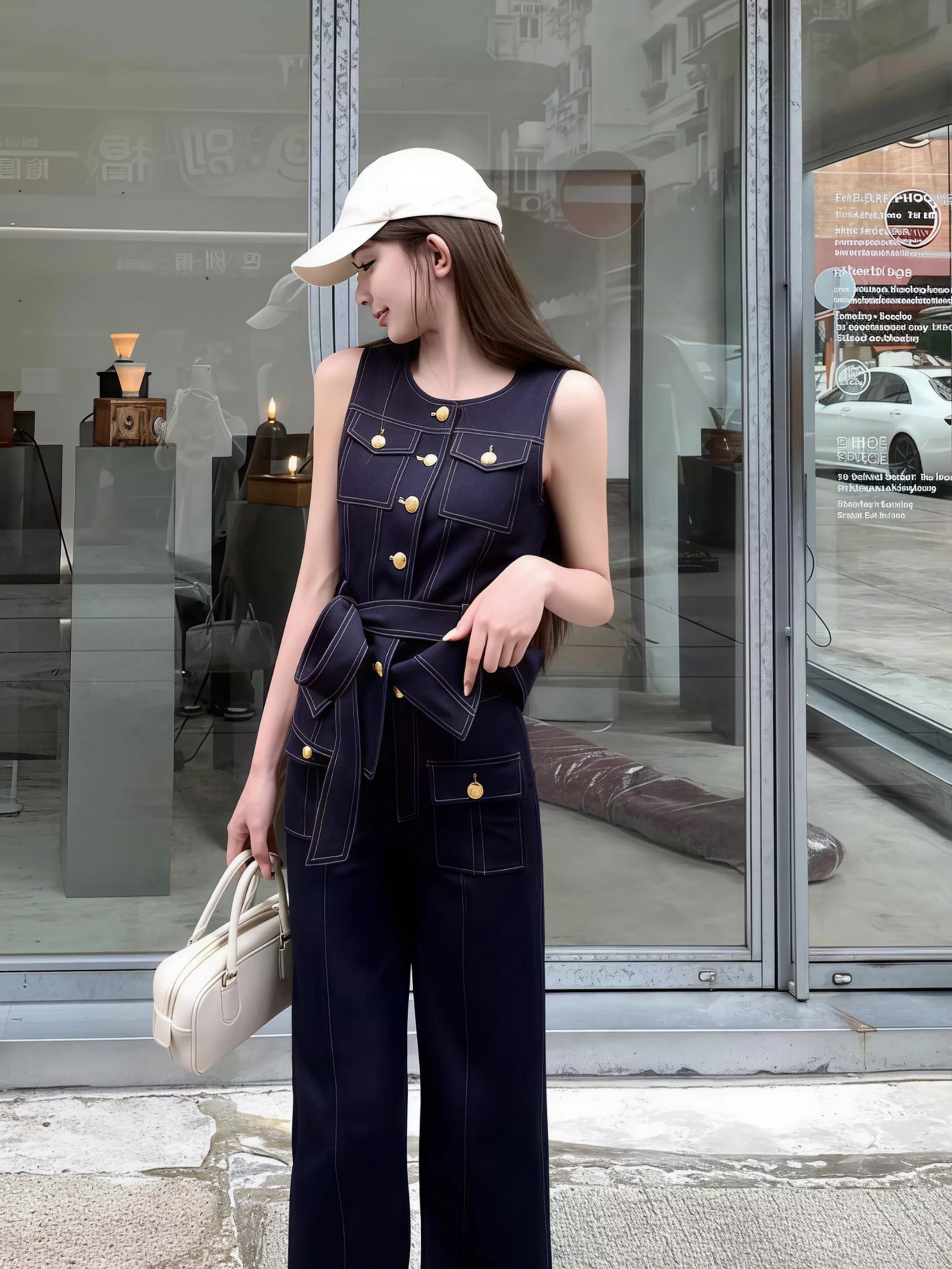 Women Sleeveless Denim Vest Top Contrast Stitch Gold Button Decor Waist Belt Slim Fit Casual Retro Outerwear Tank Top