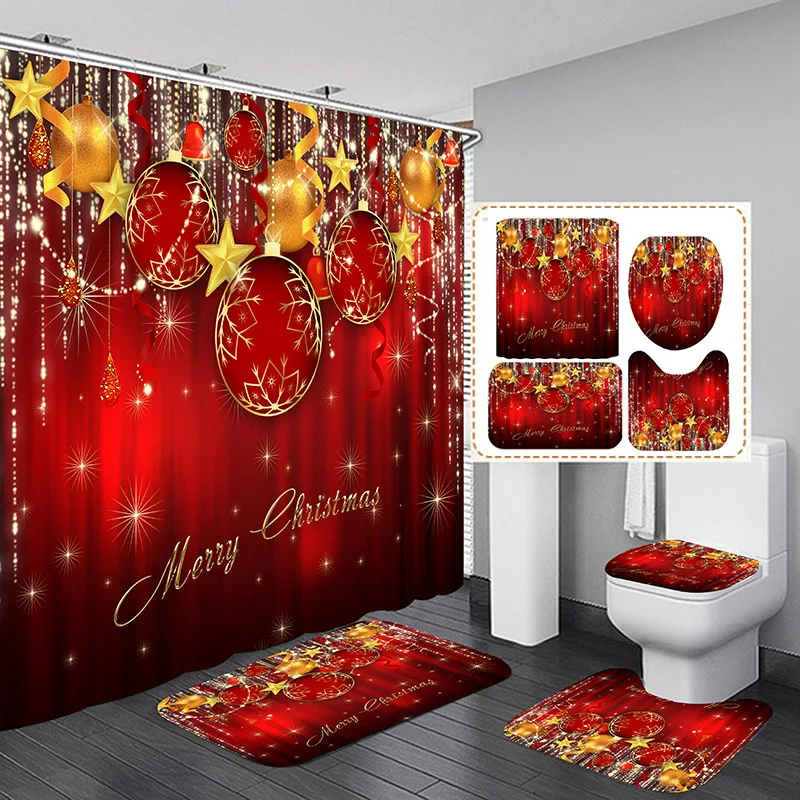 Red Christmas Decor Shower Curtain Santa Elk Christmas Waterproof Polyester Bath Curtain Home New Year Bedroom Cartoon Curtains