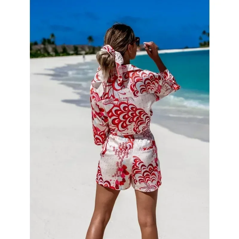 Summer Women\'s Long Sleeved Shirt and Shorts Set Printed Collar Set Casual Beach Fashionable Party Holiday Style Women\'s Set