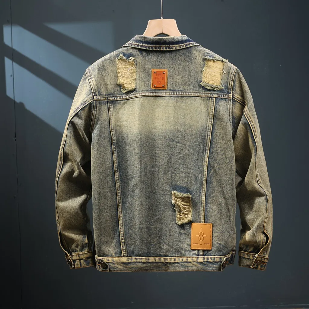 Spring And Autumn Ripped High Street Denim Jacket Men's American Vintage Tooling Casual Jacket Versatile Lapel Top