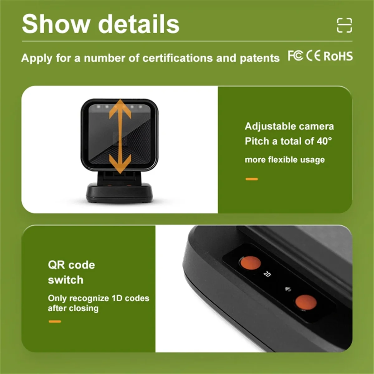New USB 2D Barcode Scanner Gobal Exposure Desktop Flat Hands-Free High-Performance Scanning Platform 1D 2D QR Code Reader