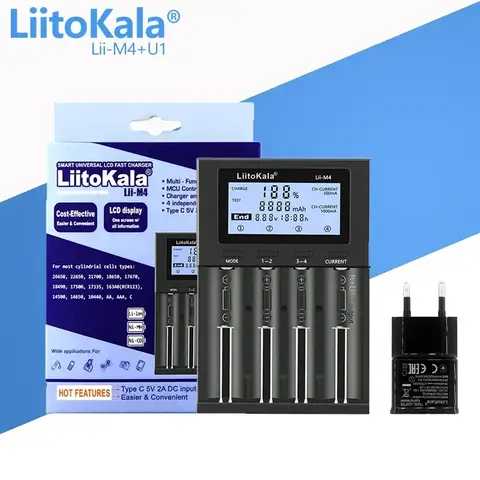 LiitoKala Lii-M4 + U1 18650 Caricatore Intelligente Display LCD per 26650 21700 32650 20700 21700 16340 CR123A 18500 AA AAA batteria