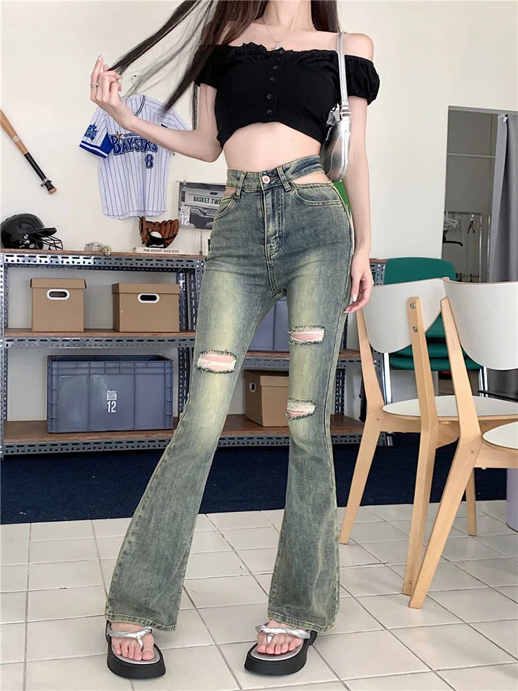 

2023 New Vintage Distressed Flare Jeans For Women High Waisted Slim Fit With Ripped Holes. High-waisted Slim Flared Pants