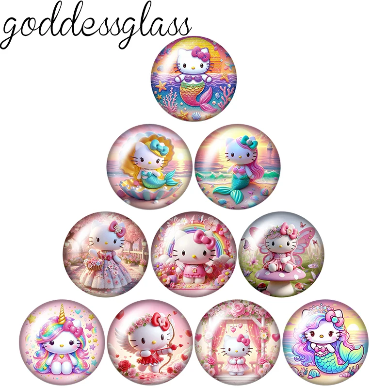 MINISO Hello Kitty Cartoon Cat 10pcs 12mm/18mm/20mm/25mm Round photo glass cabochon demo flat back Making findings bracelets