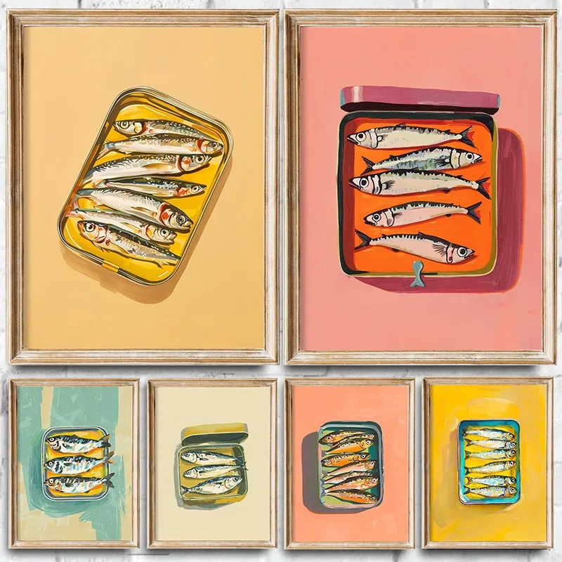 1pc Frameless Canvas Painting Vintage Sardines Food Poster Fish Tin Can Kitchen Trendy Fisherman Canvas Painting Wall Art for Di