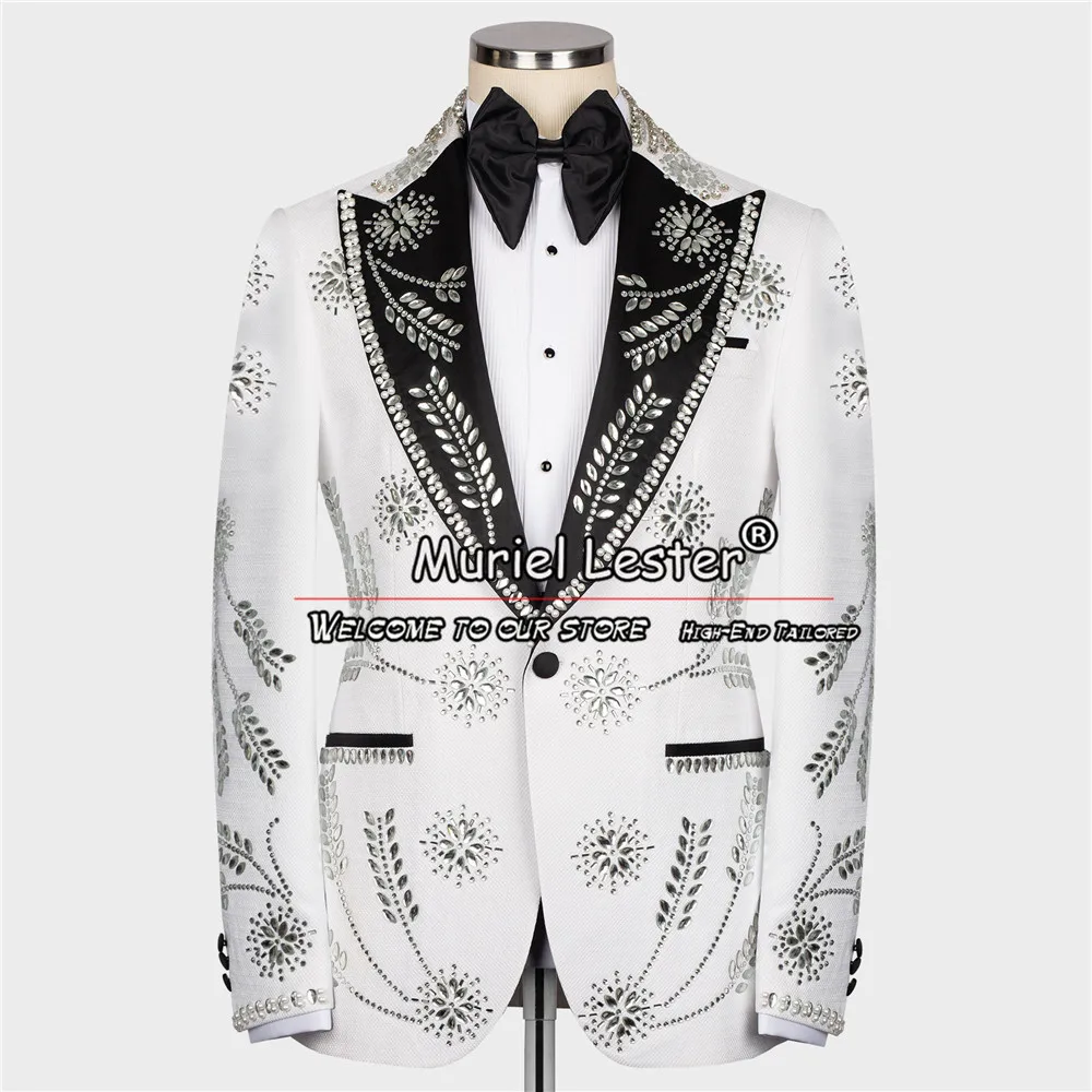 Buatan tangan pengantin kustom tuksedo perak bermanik kerah jaket rompi celana 3 potong Formal pernikahan setelan Fit Slim Blazer set